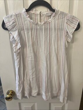 LOFT White Sleeveless Ruffle-Neck Striped Tunic with Pink & Tan Accents